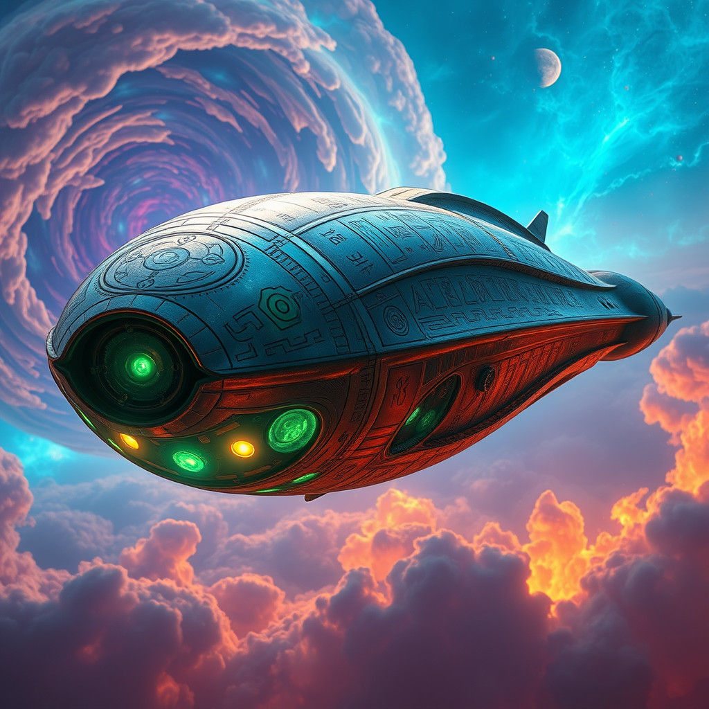 Alien Spaceship Soaring Through Electric Blue Nebula