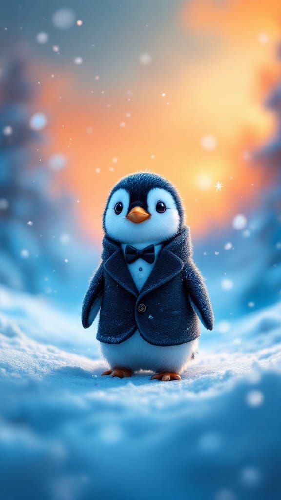 Whimsical Baby Penguin in Snowy Wonderland