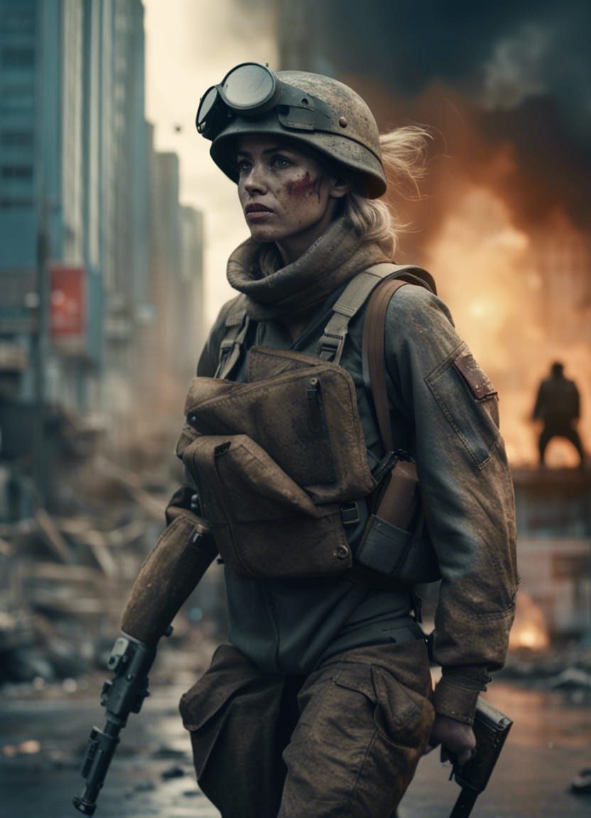 Female Soldier After Missile Attack: Cinematic 8K