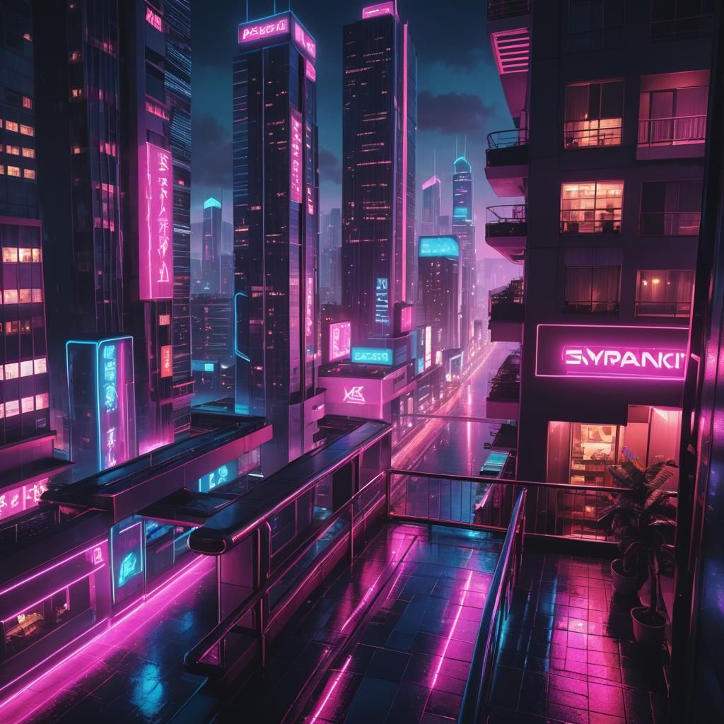 Synthwave Cityscape with Neon Lights and Balcony View