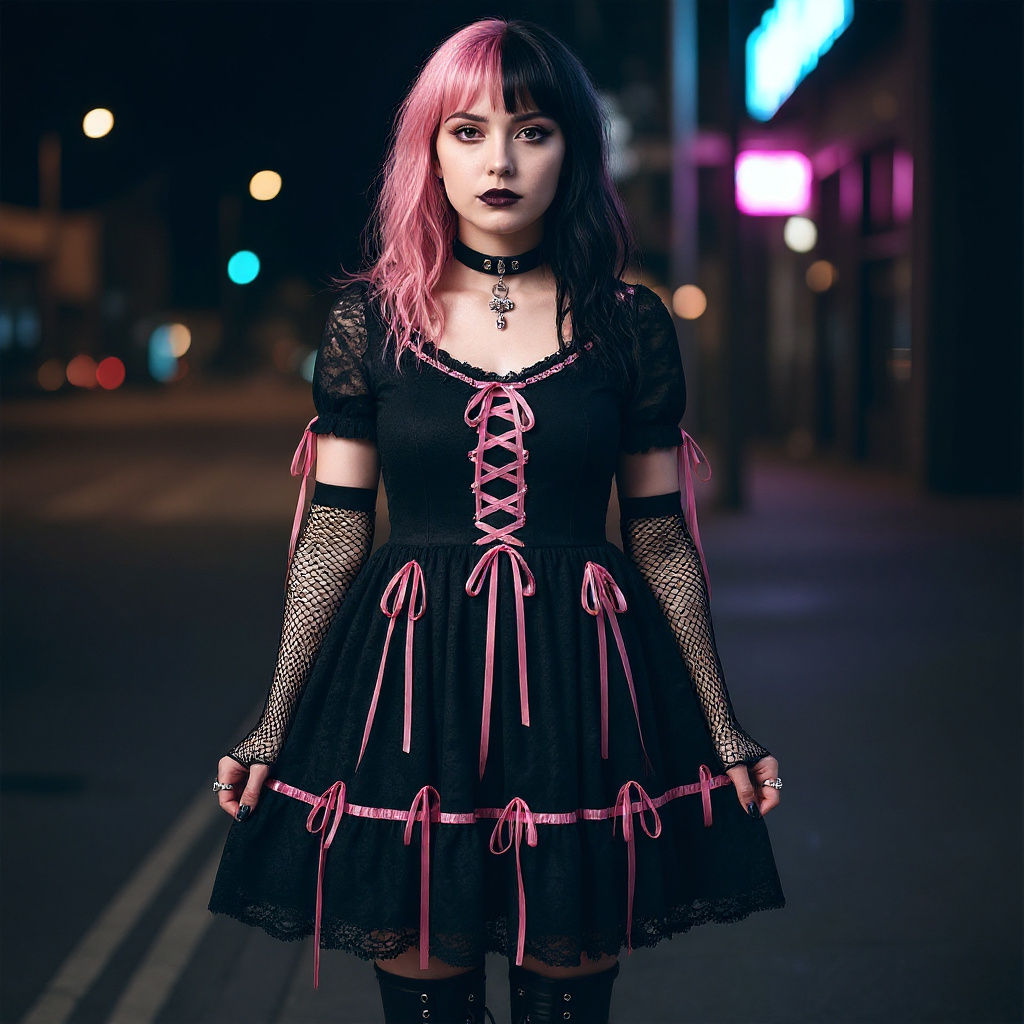 Gothic Woman in Urban Nightscape: A Photorealistic Portrait