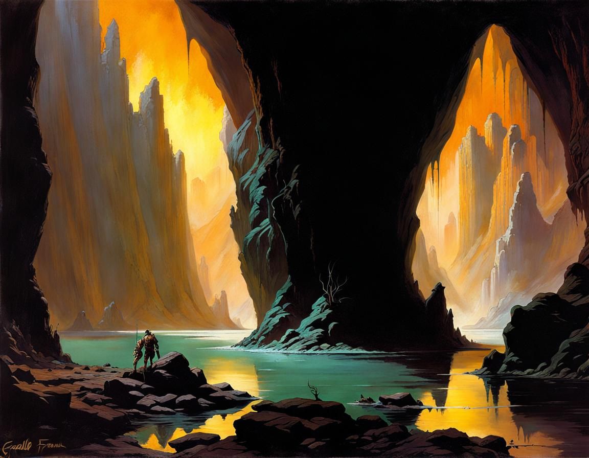 Dark Fantasy Cave and Oily Lake Landscape
