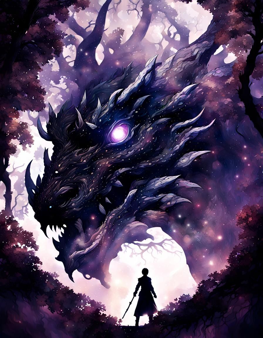 Dramatic Dragon Double Exposure in Anime Style