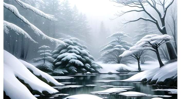 Origami Winter Forest Landscape with Snowflakes