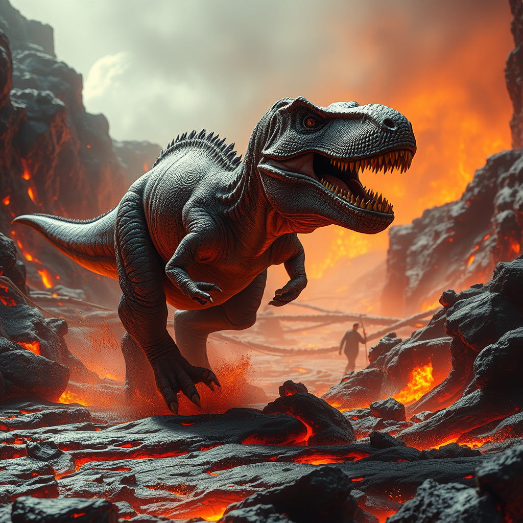 T-Rex in Lava Flow: Epic Prehistoric Scene