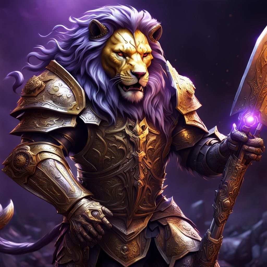Armored Lion with Double Axe in Dark Fantasy Style