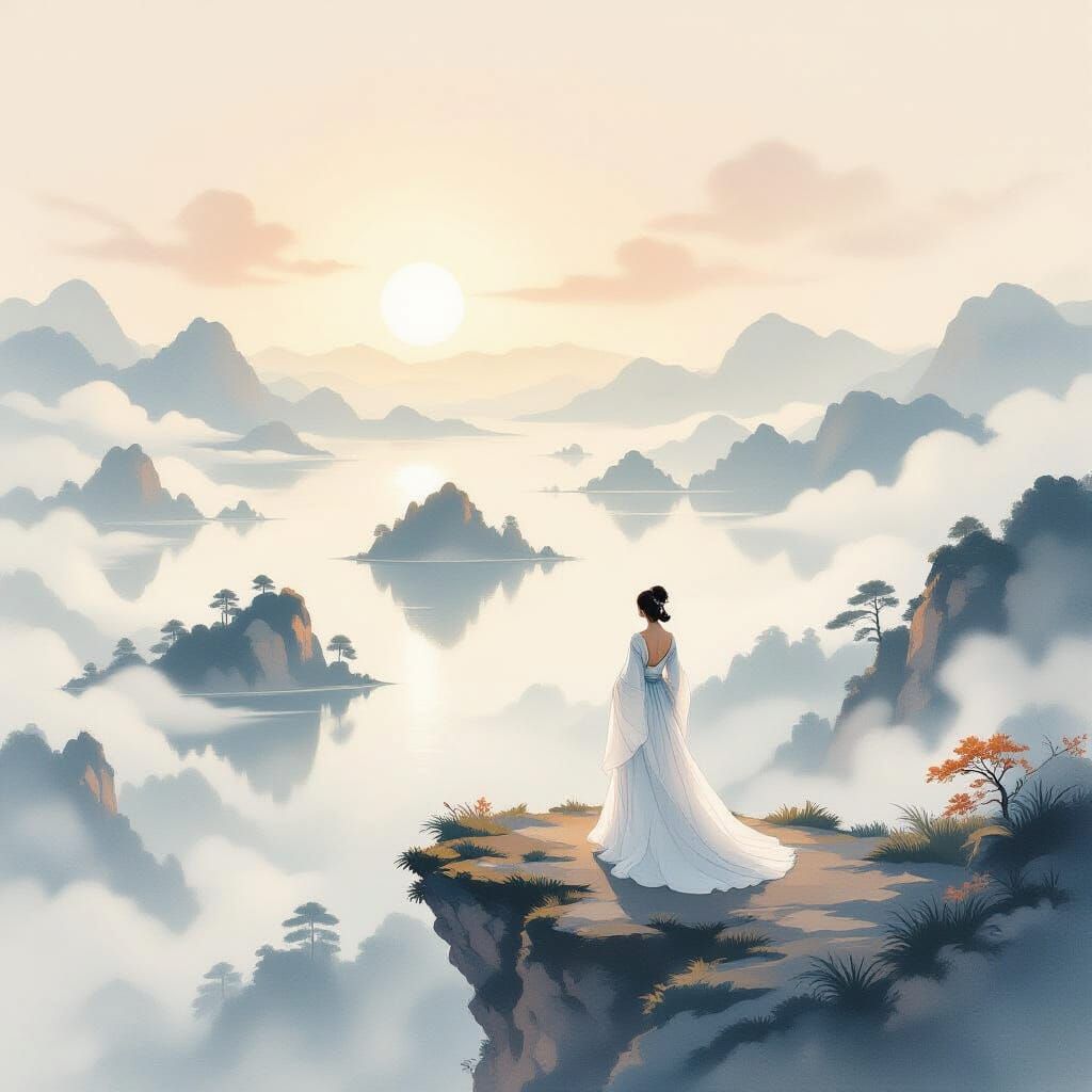Ethereal Woman Overlooks Floating Islands in Watercolor Styl...