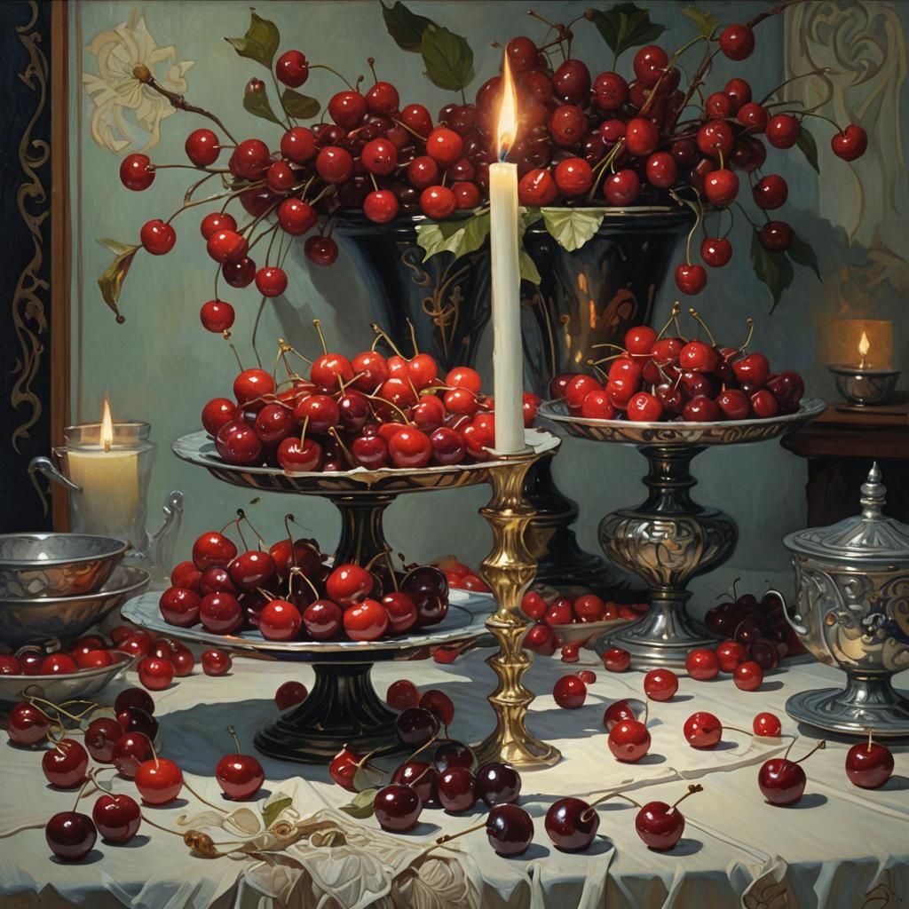 Art Nouveau Cherries in Candlelight: Oil Painting Style