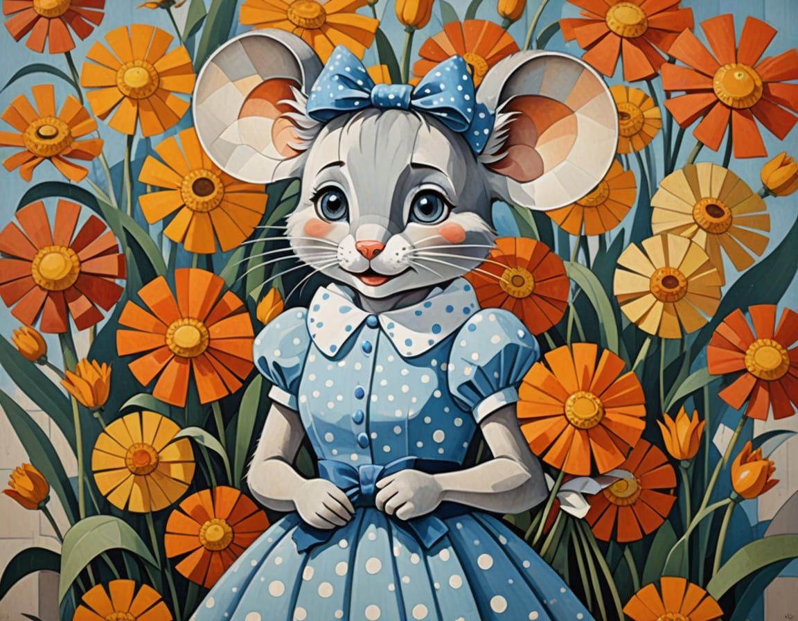 Cartoon Mouse with Flowers in Cubist Style