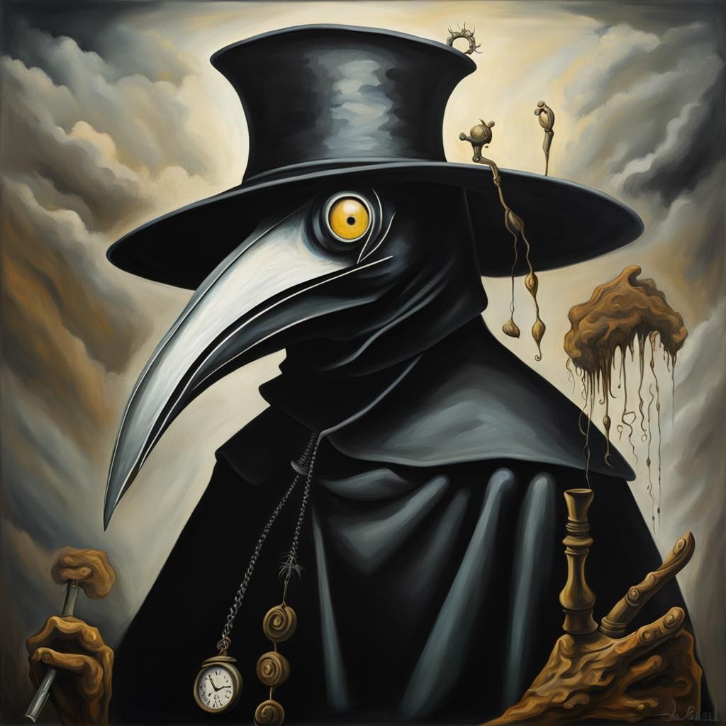 Surreal Plague Doctor in Melting Oil on Canvas