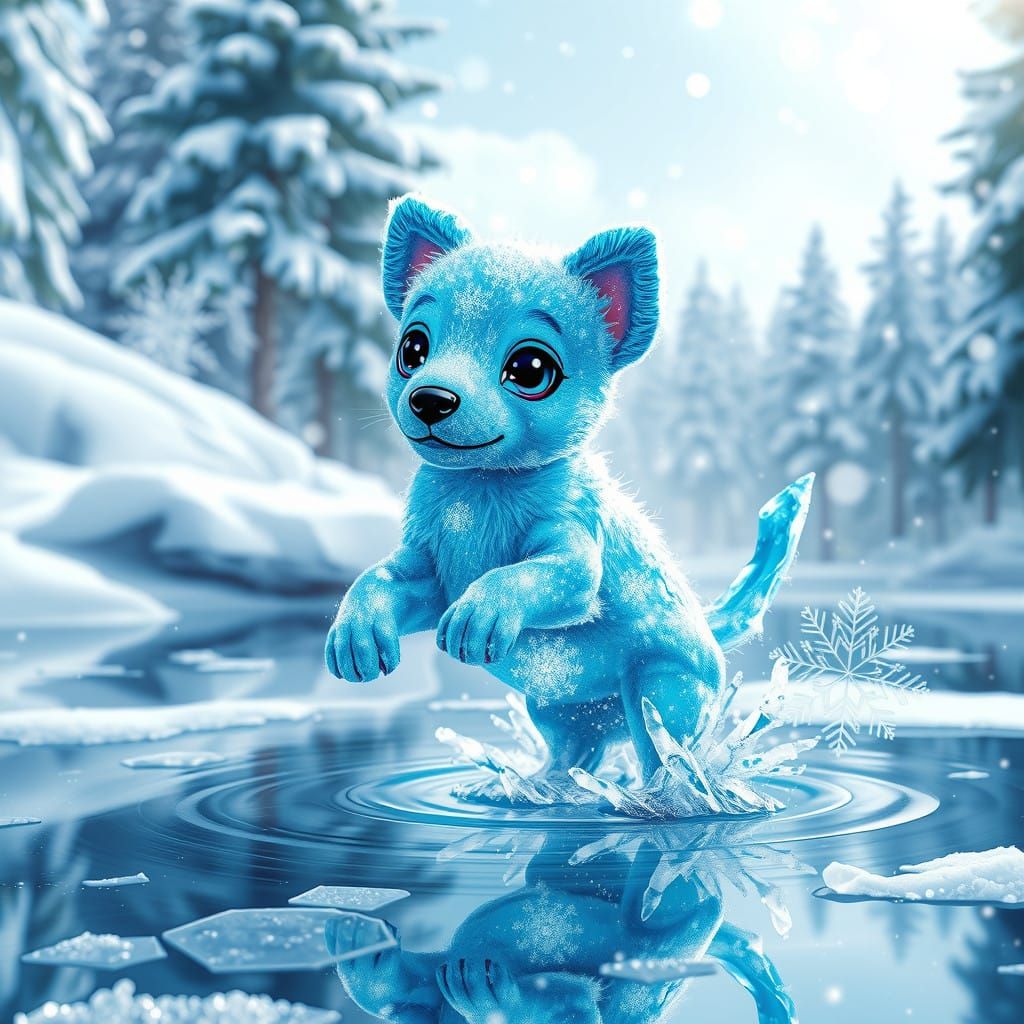 Turquoise Crystal Ice Puppy Leaps into Winter Wonderland