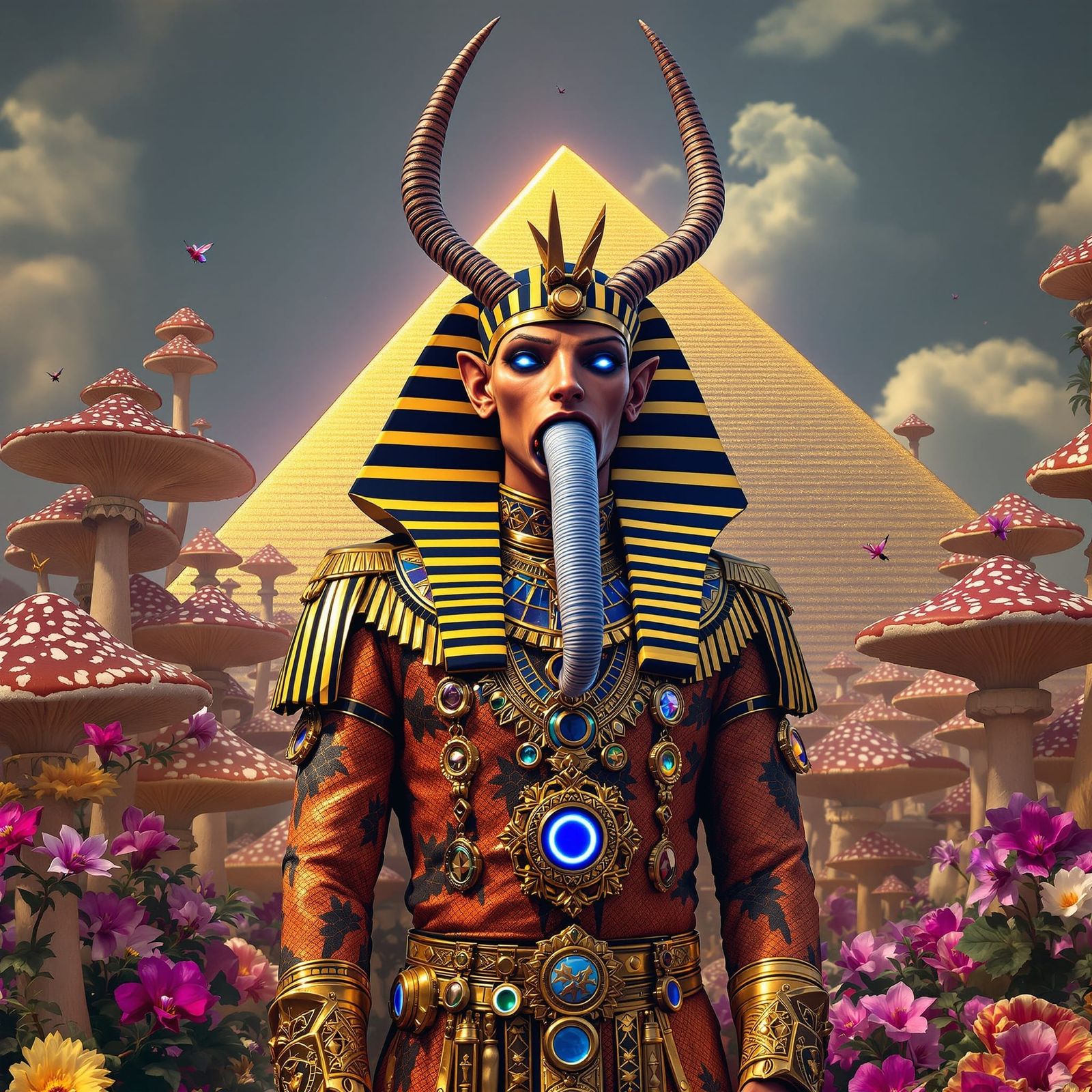 Futuristic Pharaoh in London With Metallic Sphinx