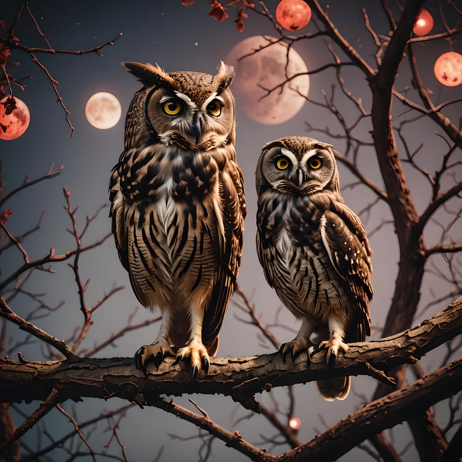 Cute Owl Family at Blood Moon Night