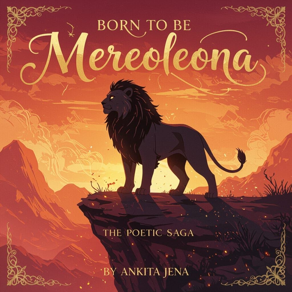 Majestic Lioness in Fiery Sunset Gradient, Elegant Calligrap...