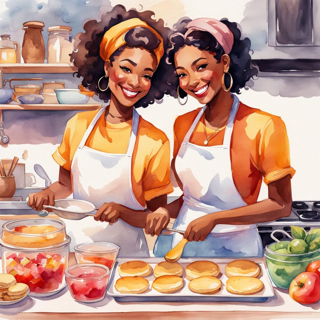 Lesbians Baking Together in Watercolor Concept Art