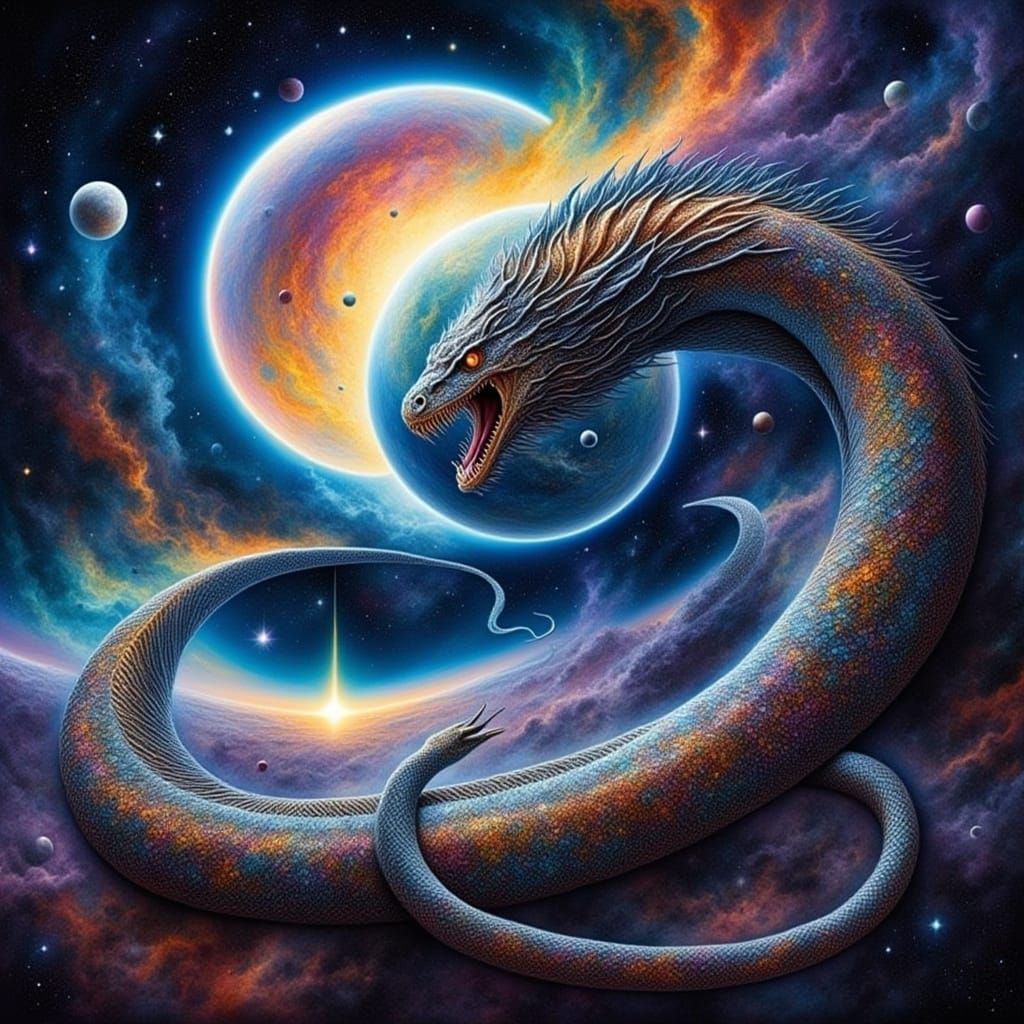 Celestial Serpent Coiled Around Planet in Cosmic Horror