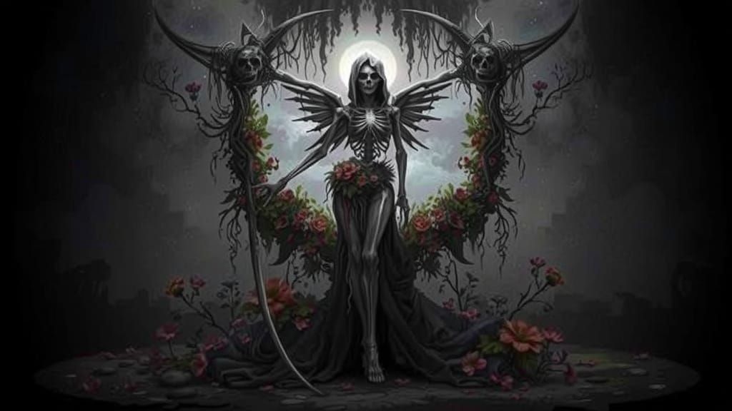 Ethereal Horror Figure Stands in Vibrant, Overgrown Garden