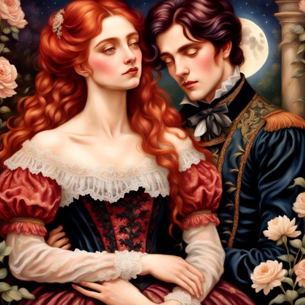 Victorian Romance in Moonlit Garden with Lace and Velvet