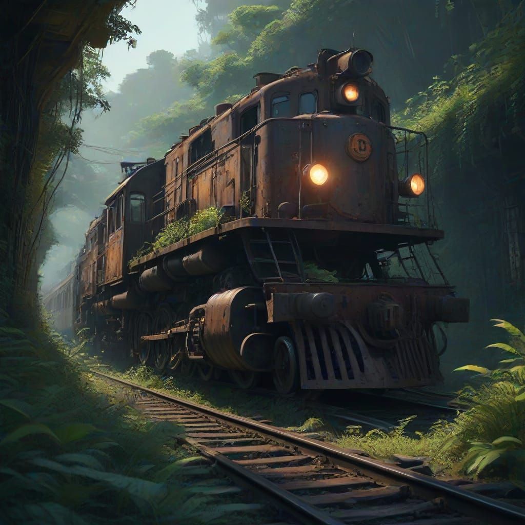 Rusted Locomotive in Bioluminescent Jungle