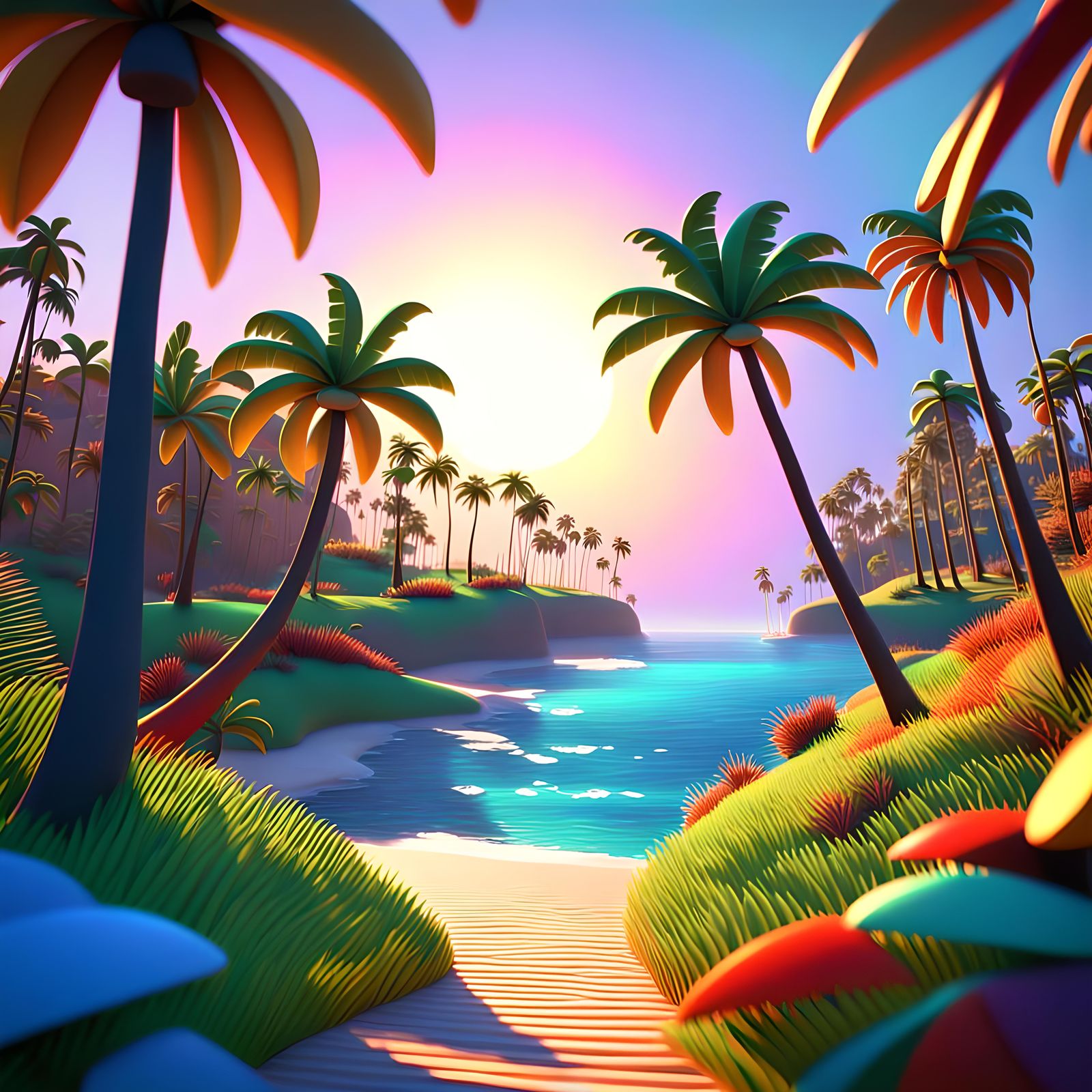 Swaying Palms in a Pixar-Style 3D Render