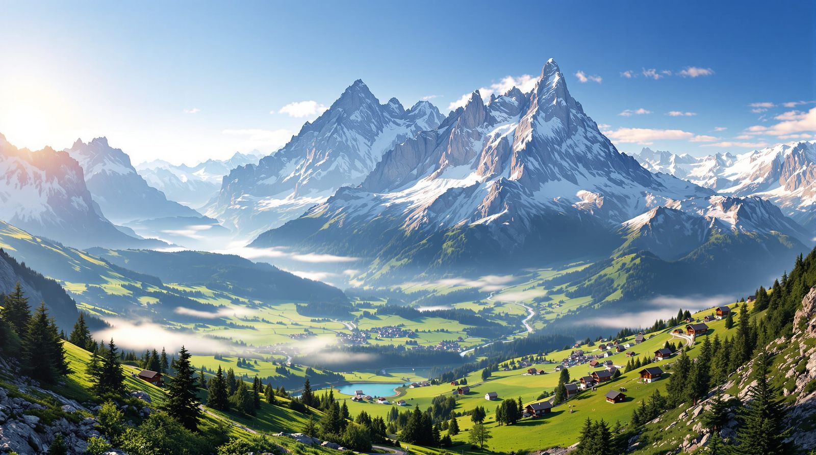 A breathtaking, epic panoramic view of the Swiss Alps. Tower...