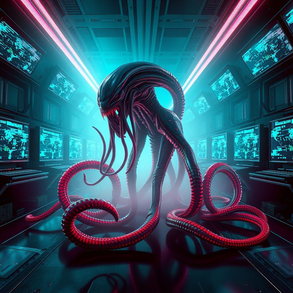 Cyberpunk Horror: Alien Tentacle Monster in Futuristic Labor...