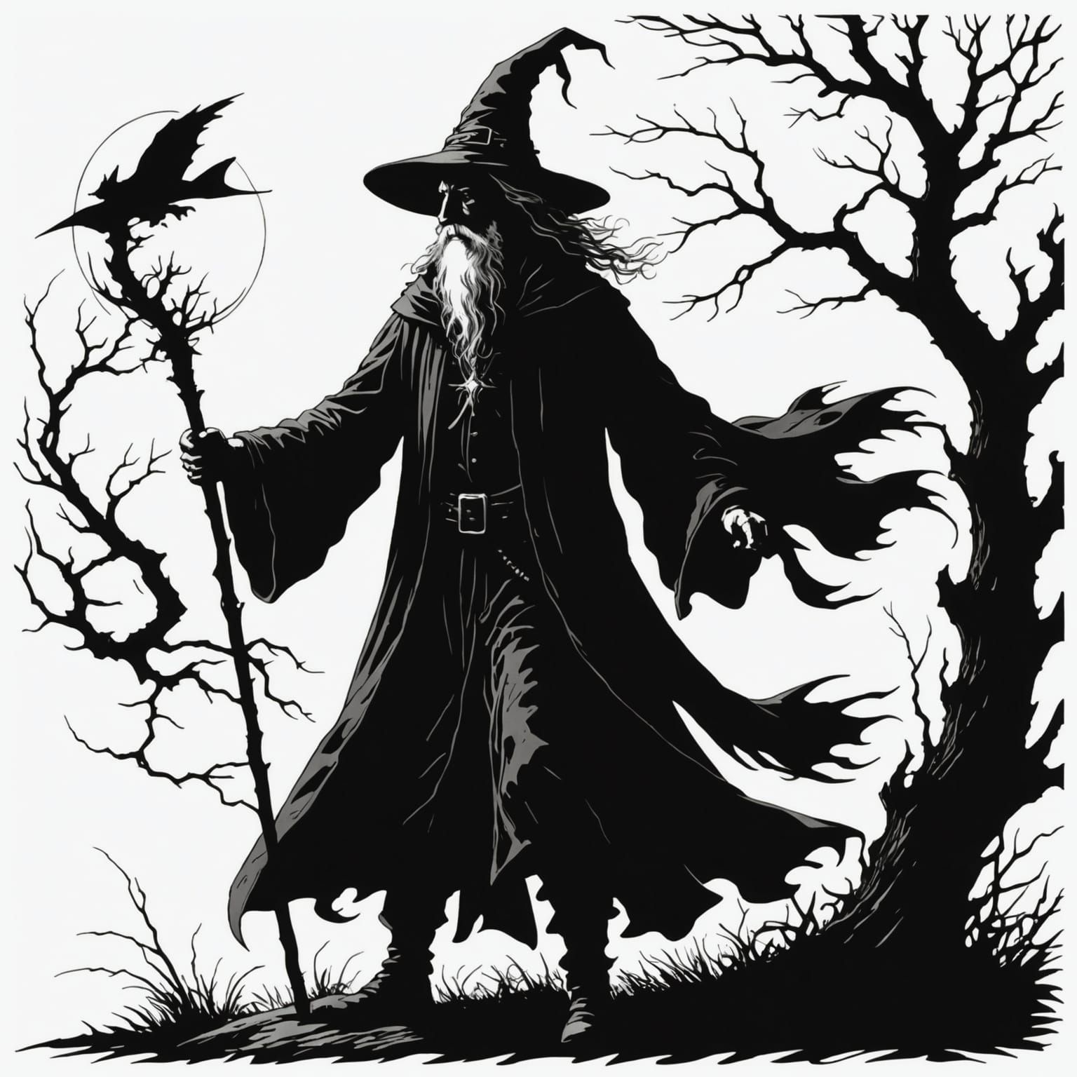 Silhouetted Wizard in Black and White