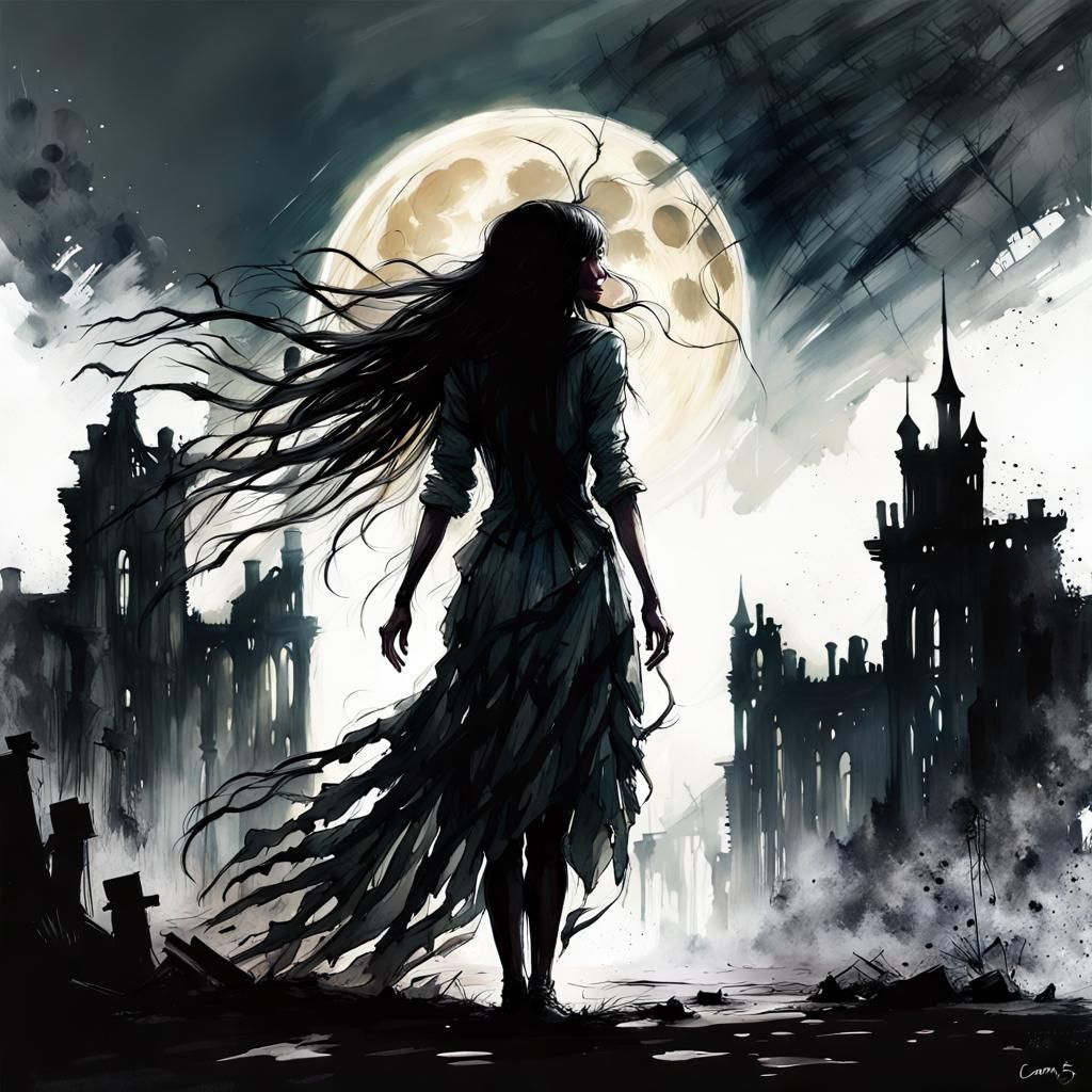 Macabre Silhouette: Girl with Long Hair in Ruins