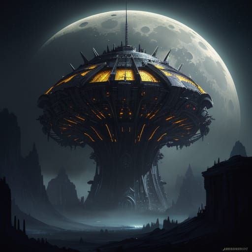 Alien Mothership Concept Art in Dark Fantasy Style