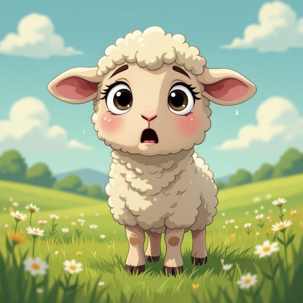 Worried Lamb in Meadow, Toon Shading, Ghibli Style