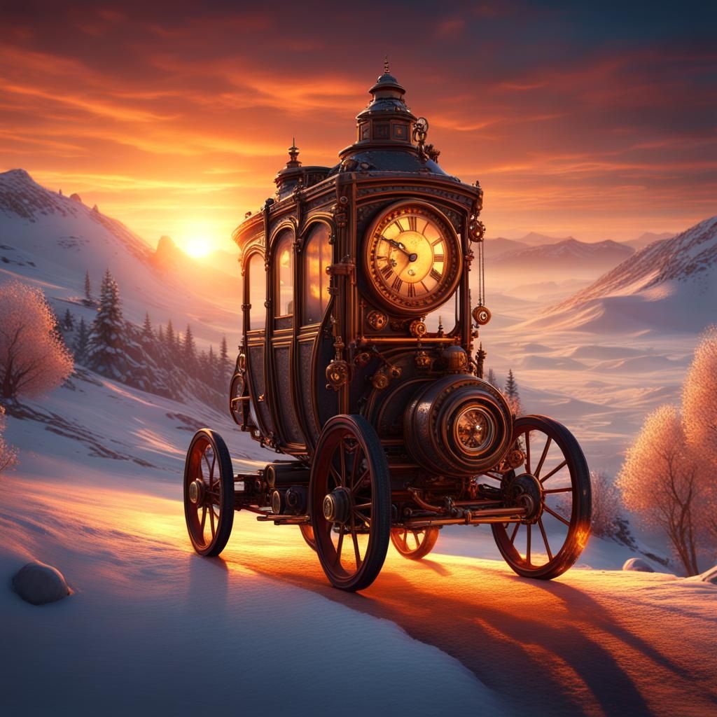 Steampunk Clockwork Car in Winter Landscape