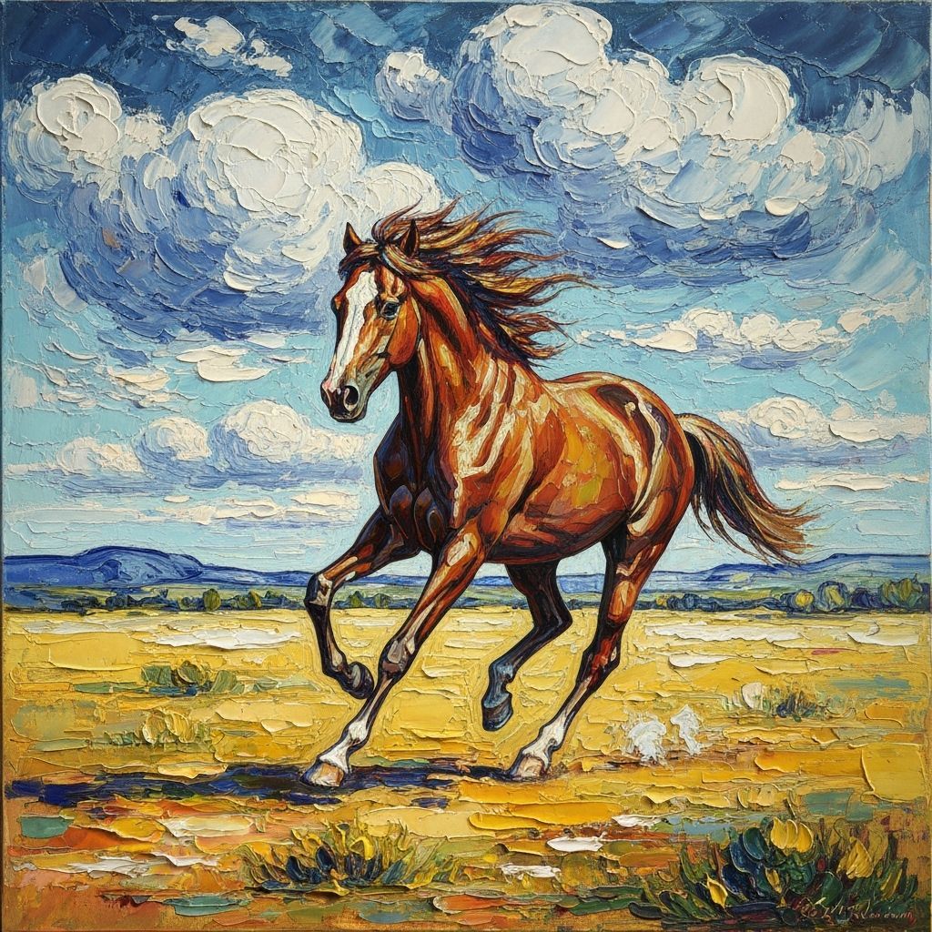 Wild Mustang Galloping on Open Plain in Impasto Style