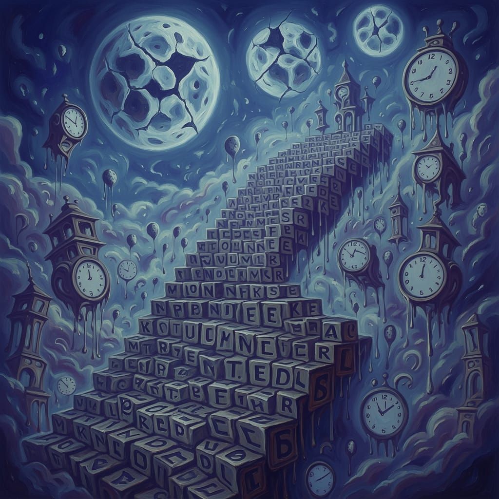 Dreamlike Staircase of Letters Ascending to Ethereal Sky