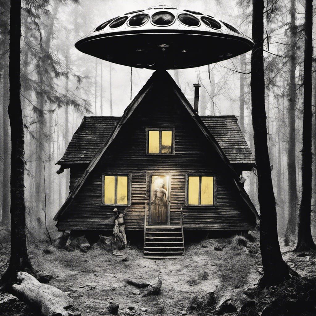 Cabin in the woods with UFO flying above it.