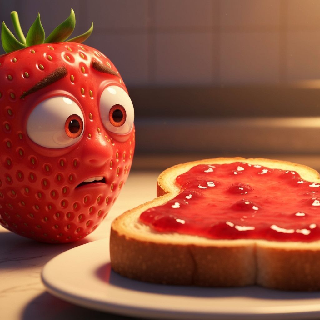 Anxious Strawberry Faces Toasted Bread with Jam