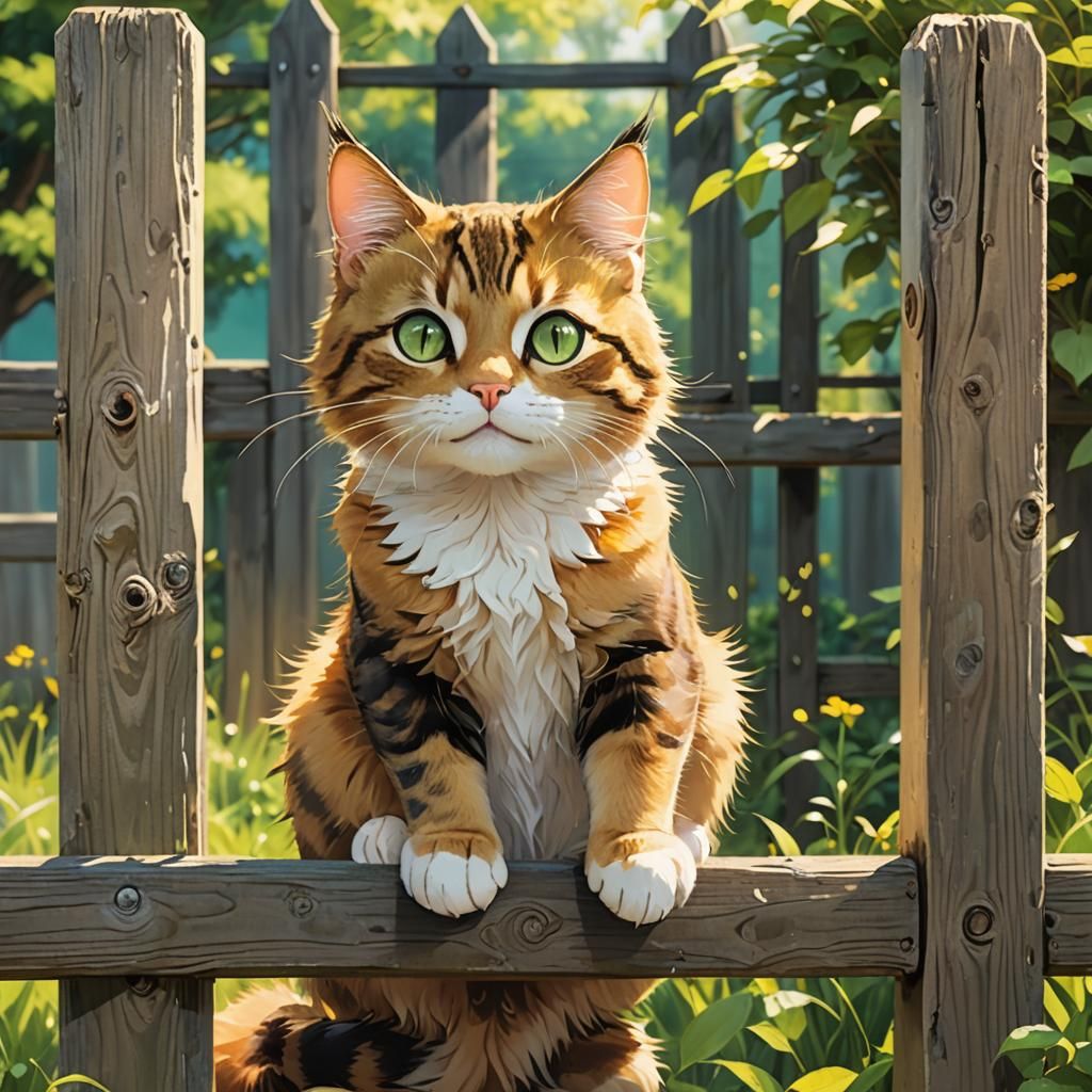 Mischievous Cat on Fence in Anime Style