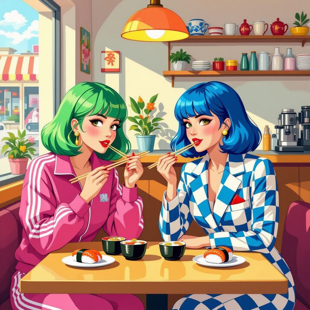 Stylized Women Enjoying Sushi, Playful Aesthetics