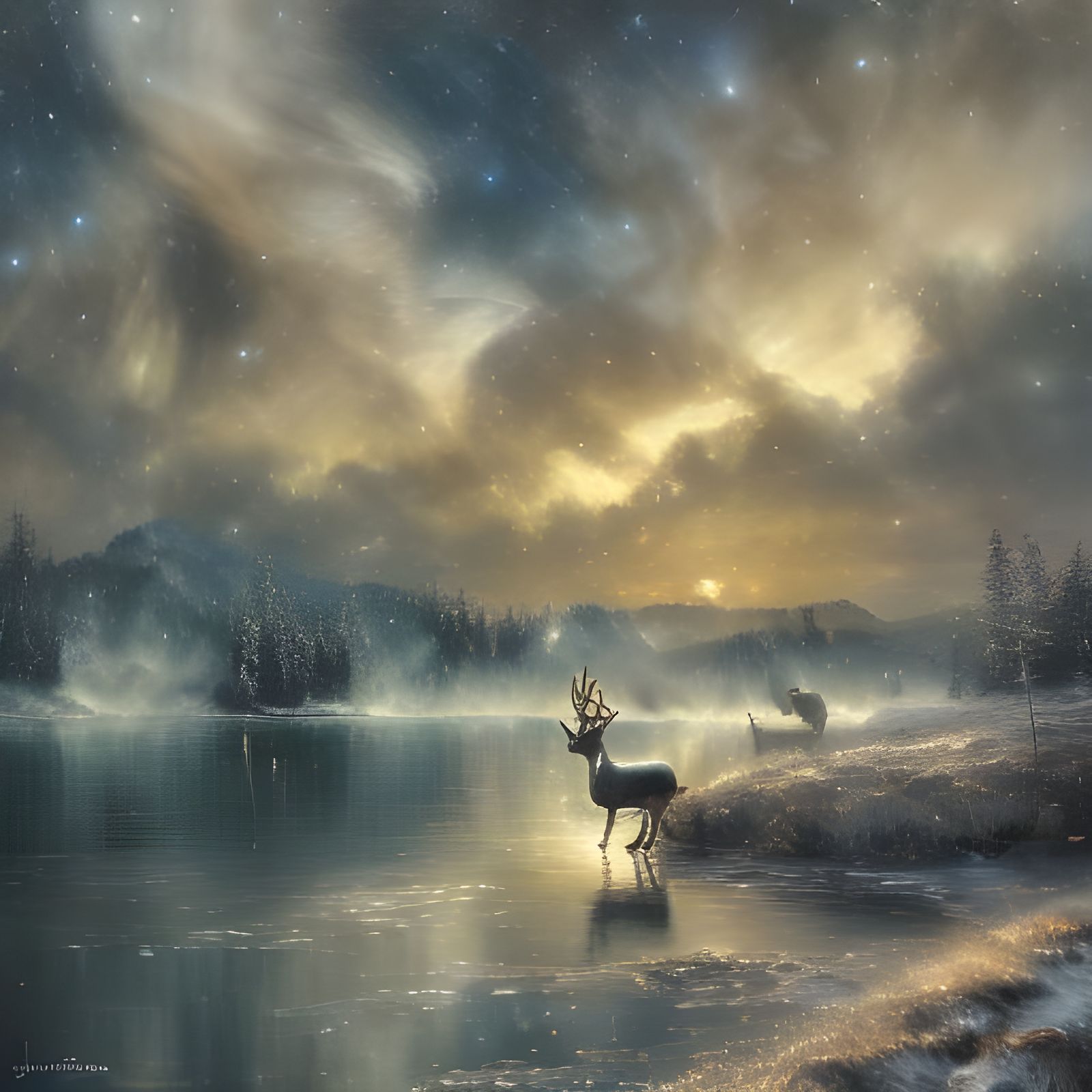Reindeer Stands Majestically Under Aurora Borealis on Frozen...