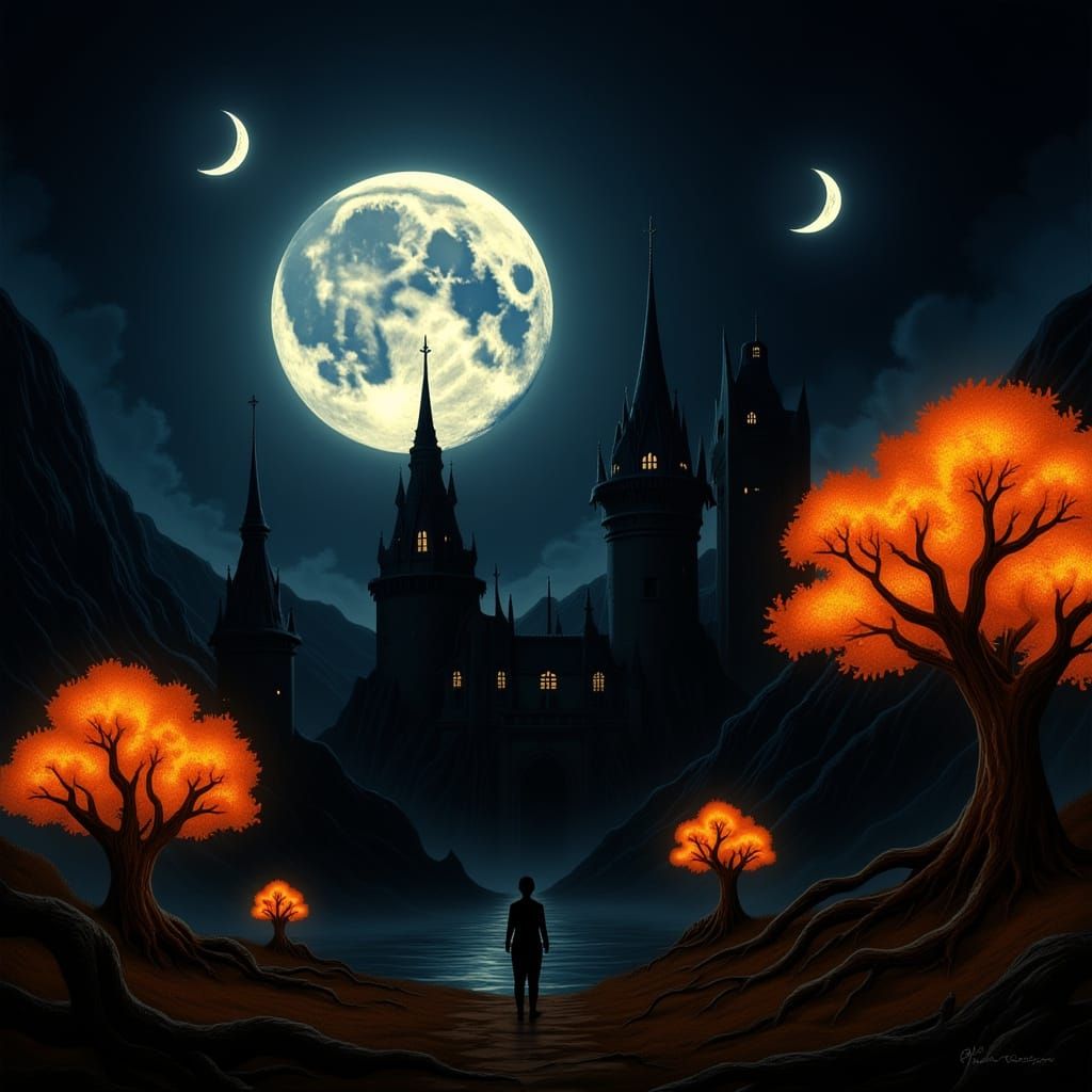 Otherworldly Moonlit Landscape with Fantasy Castle