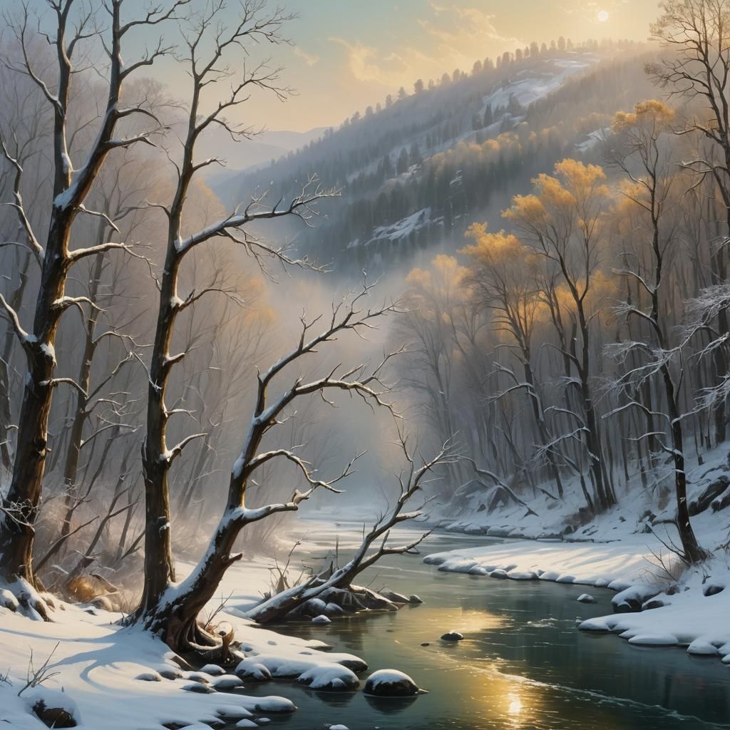 Snowy Forest Landscape in Romanticism Style