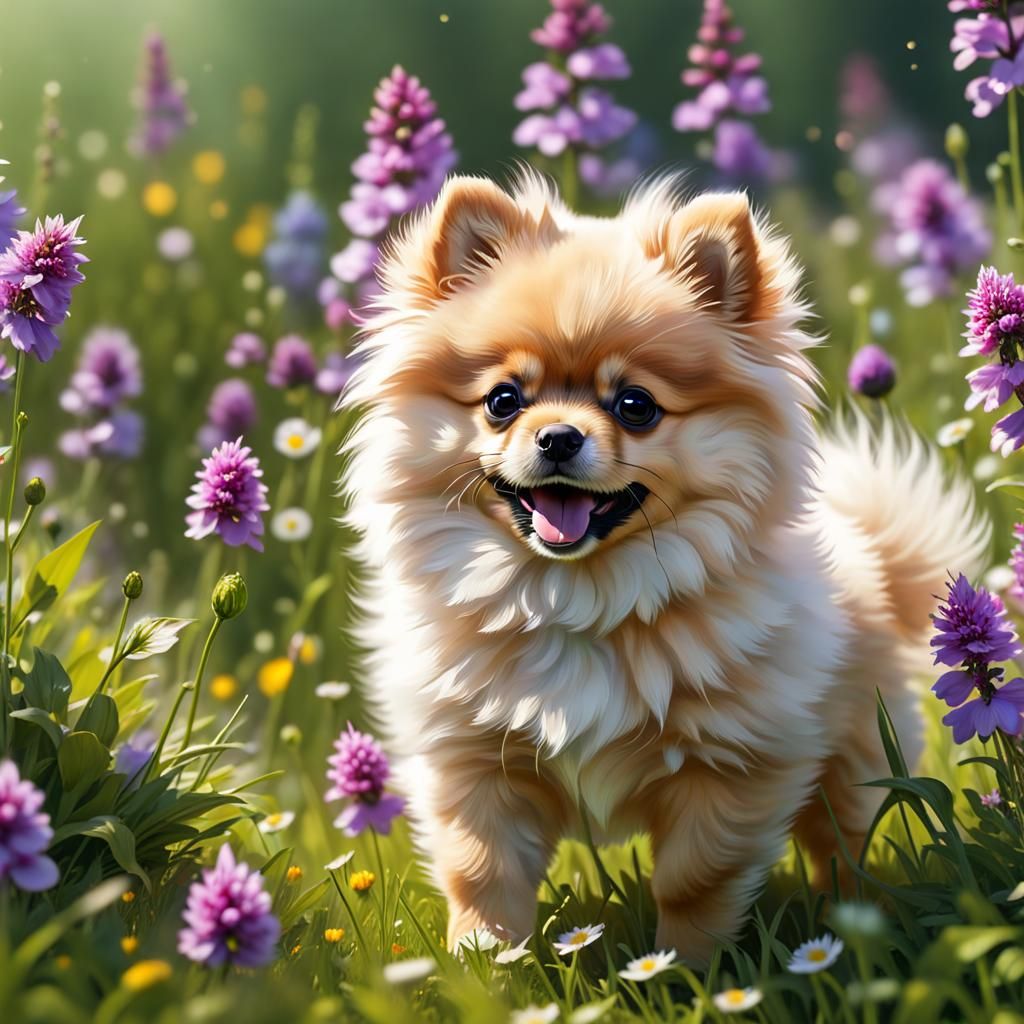 Baby Pomeranian Puppy in Flower Meadow