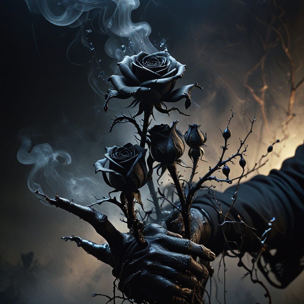 Man's Hands Sprout Black Roses in Surreal Art