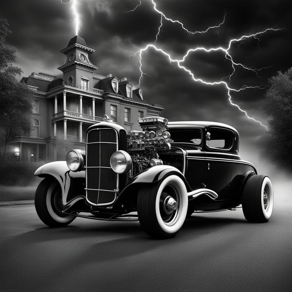 Munsters' Hot Rod Drag Racing in Black and White