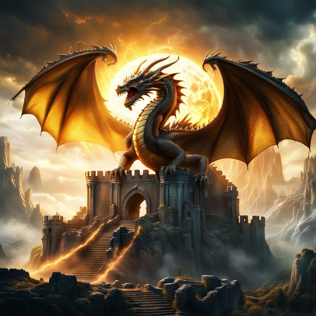 Majestic Dragon on Ancient Castle Ruins