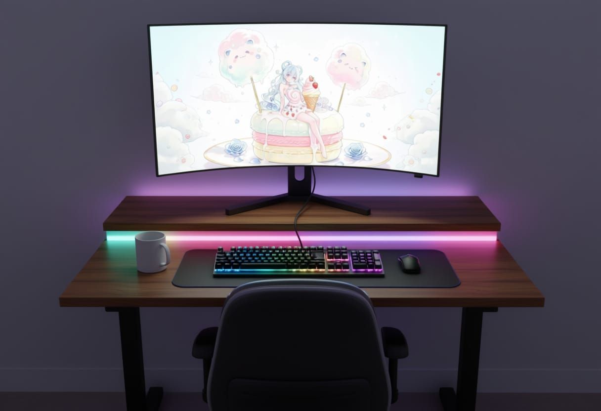 First-Person 3D Desk Setup with Anime Monitor