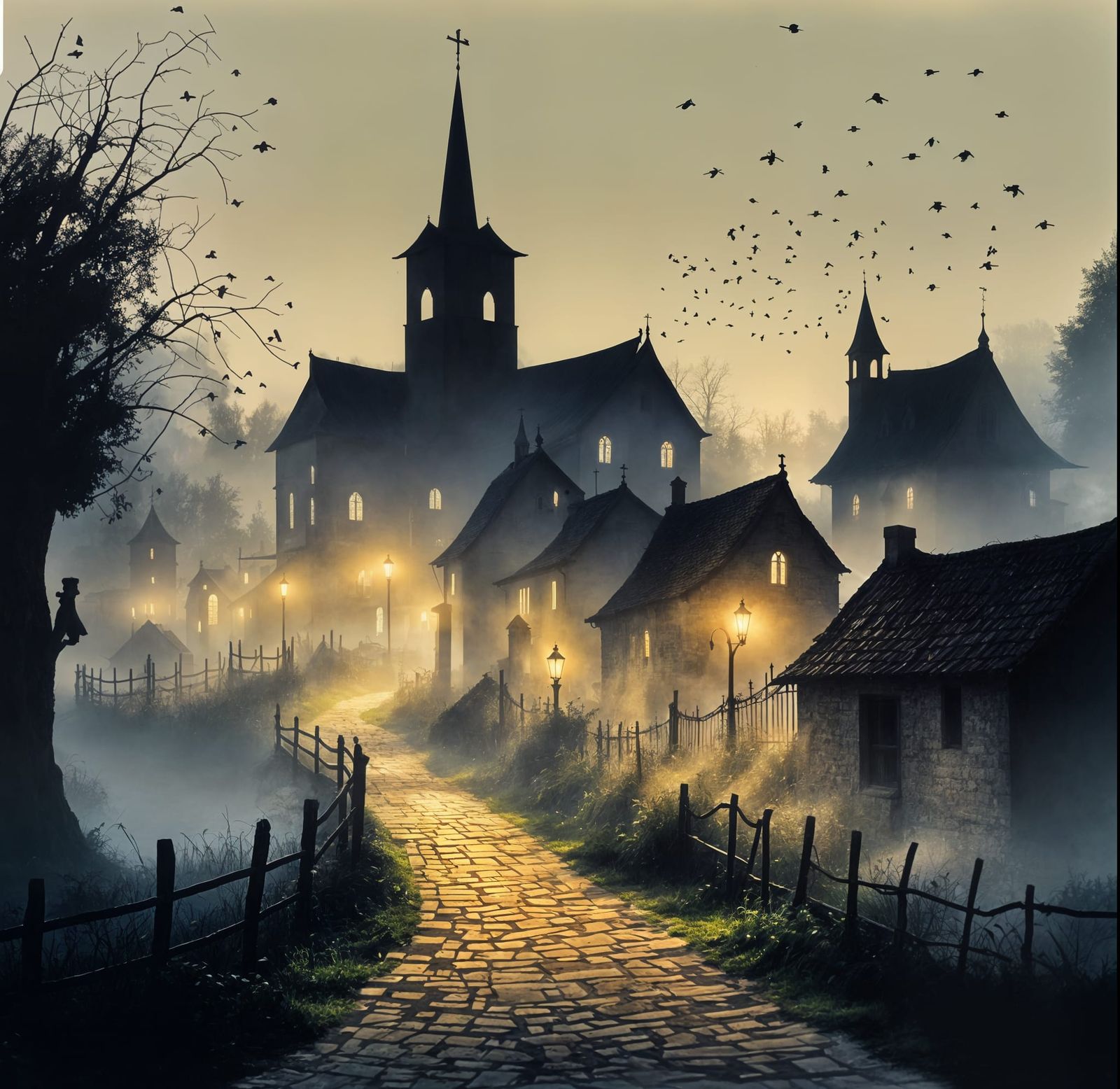 Mysterious Medieval Village in Fog