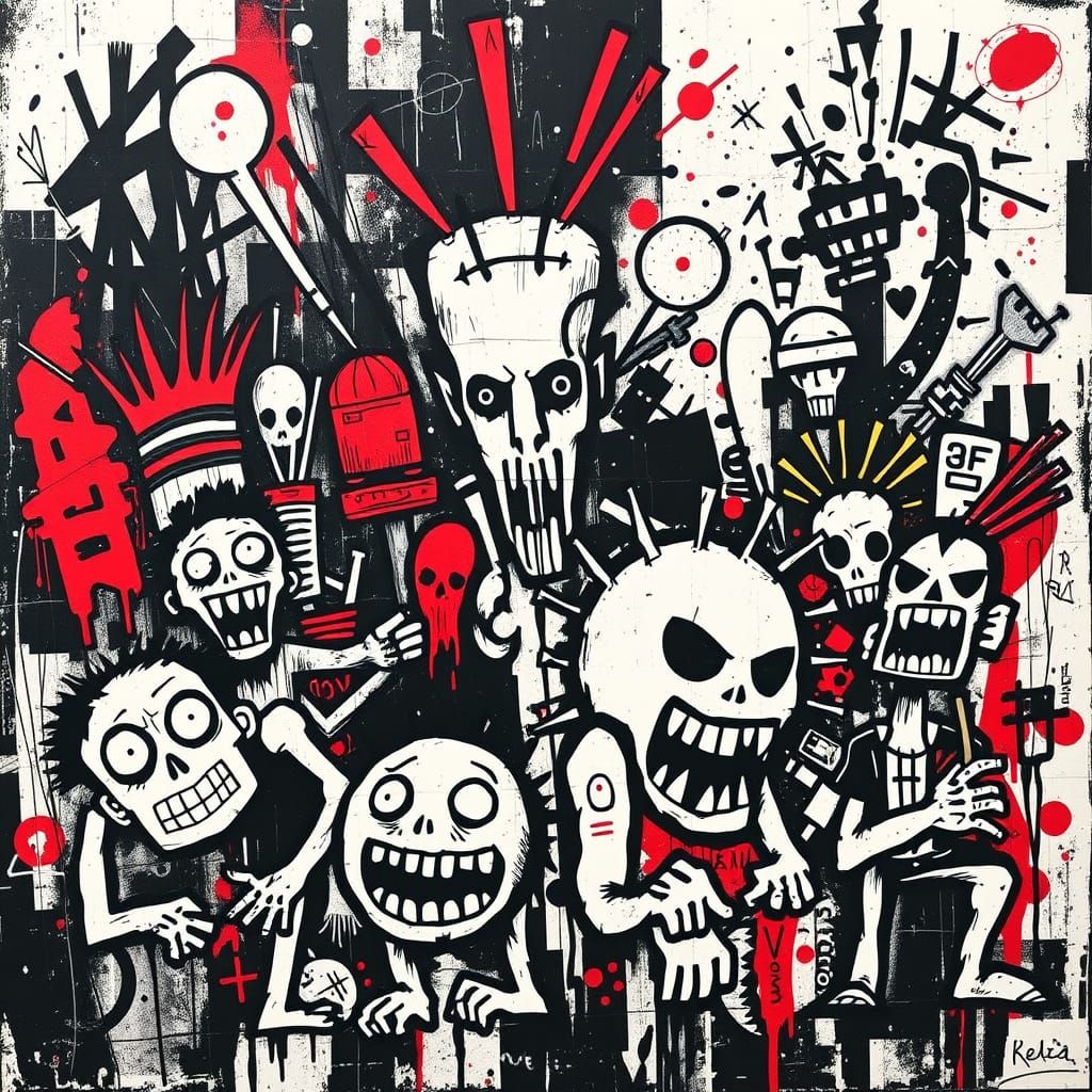 Urban Grit: Energetic Figures in Basquiat-Inspired Style