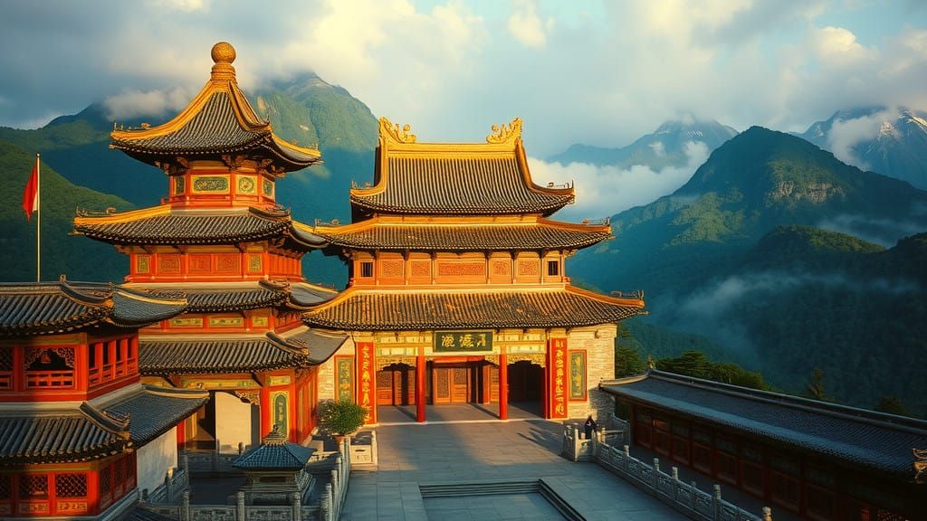 Majestic Chinese Palace Amidst Misty Mountains