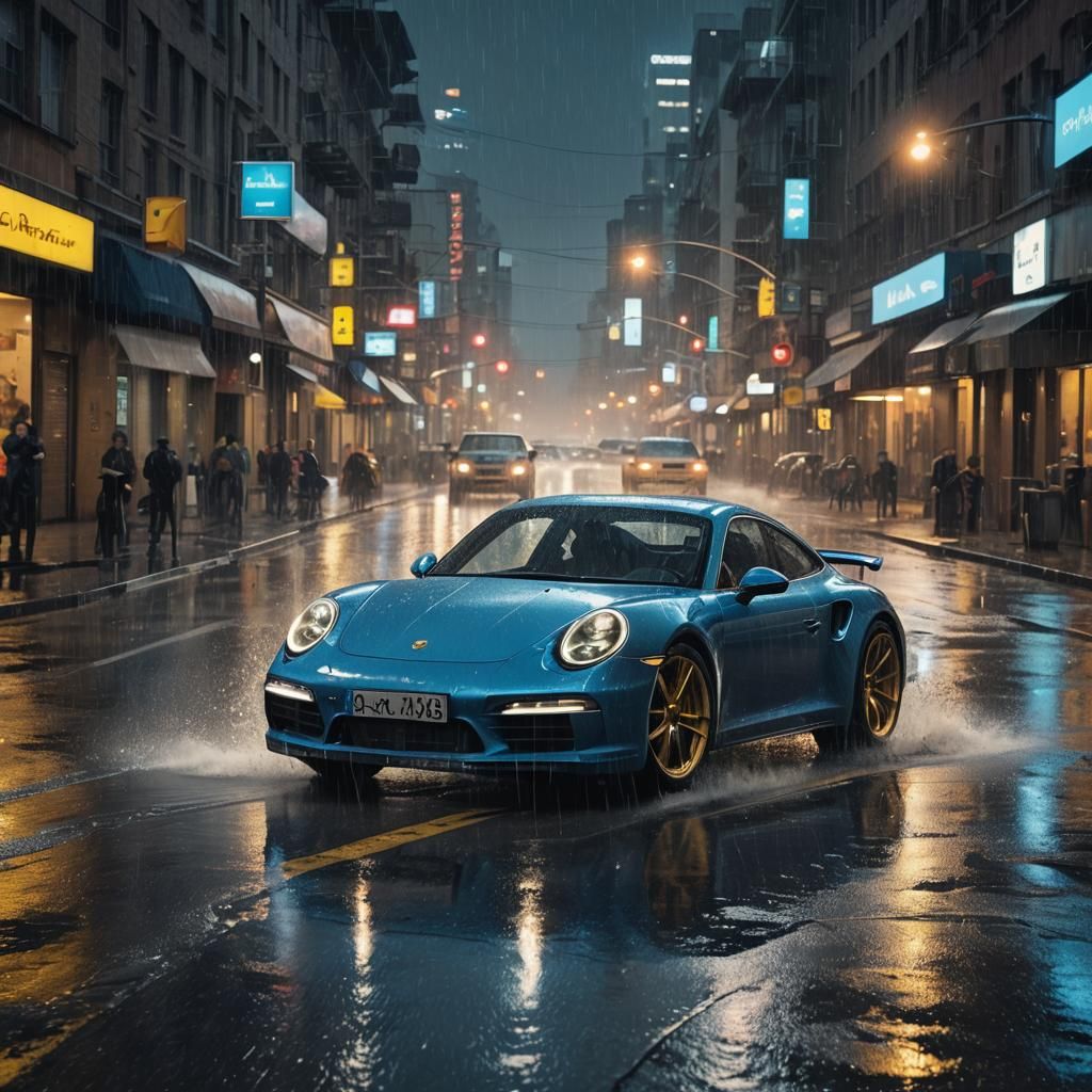 Blue Porsche 911 Races Through Rainy City at Night