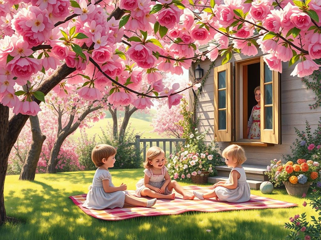 Grandchildren Play Under Blooming Fruit Trees in Idyllic Gar...